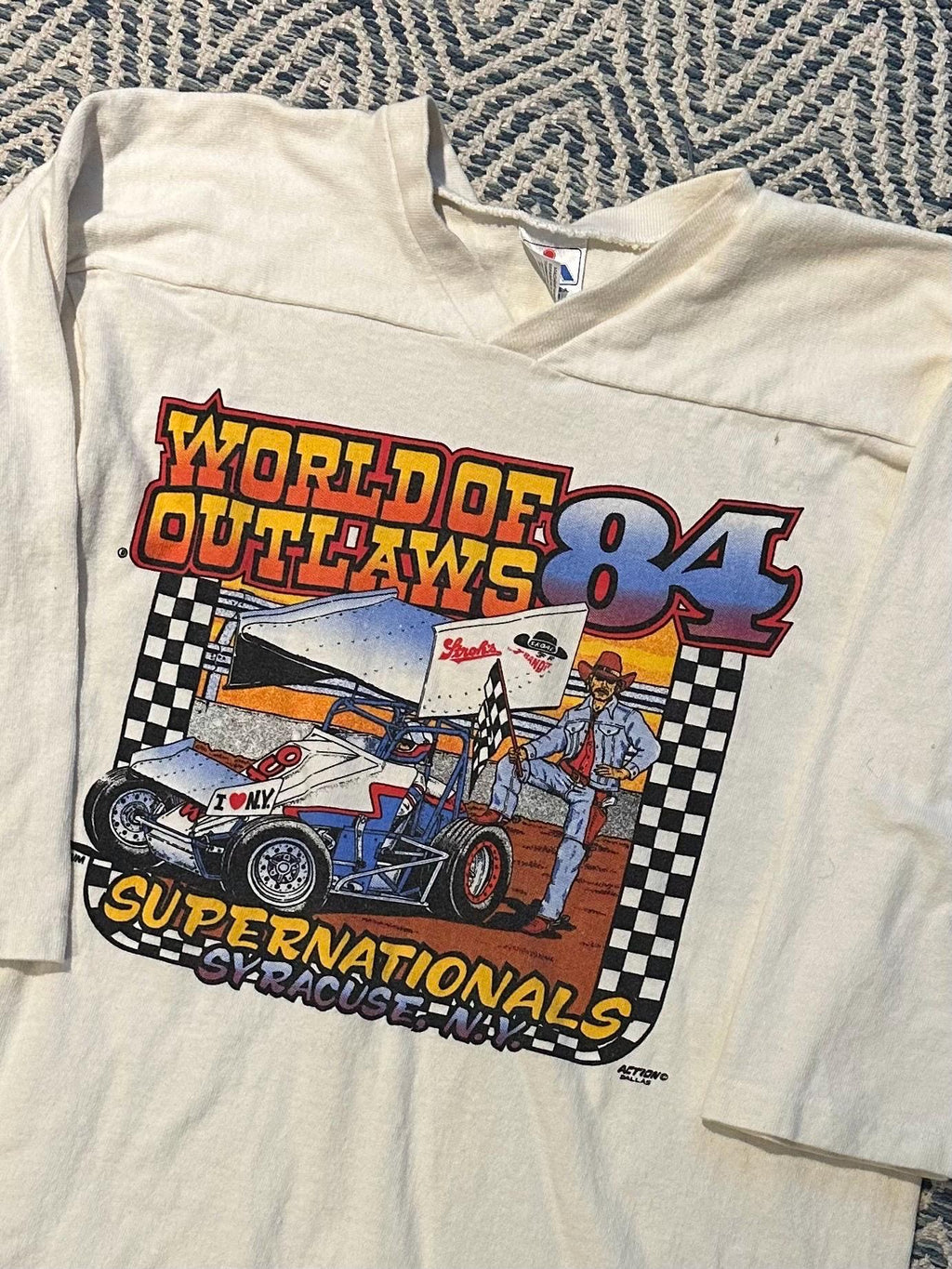 Vintage 1980s World of Outlaws 1984 Supernationals Syracuse NY Racing 3/4 Sleeve Ringer Tee Double Sided Schrum Graphic