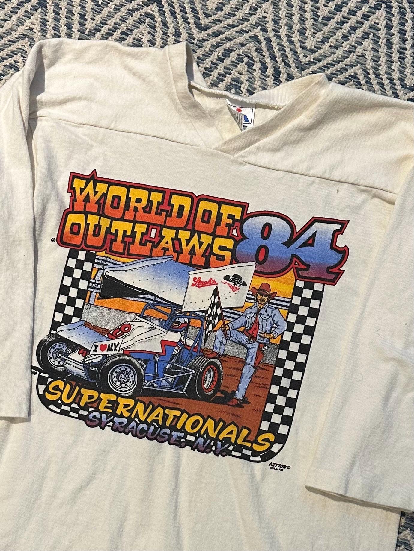 Vintage 1980s World of Outlaws 1984 Supernationals Syracuse NY Racing 3/4 Sleeve Ringer Tee Double Sided Schrum Graphic