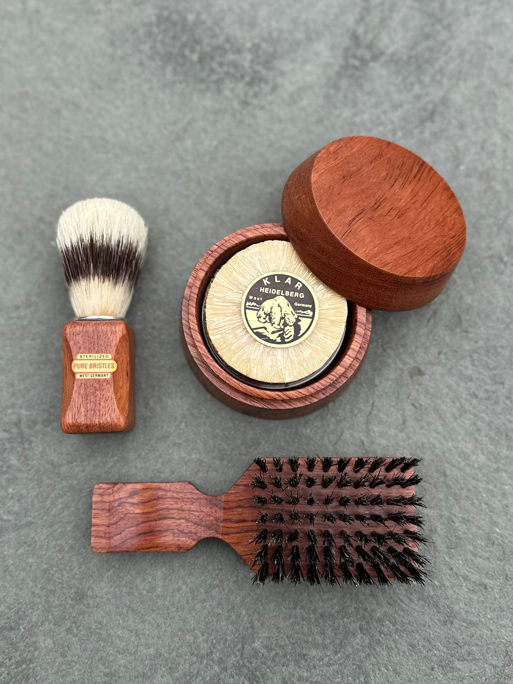 Vintage NEW West Germany Men's Wood Shaving Grooming Set | Boar Bristle Shaving Brush, KLAR Heidelberg Soap, Shaving Bowl, Tobacco Hairbrush