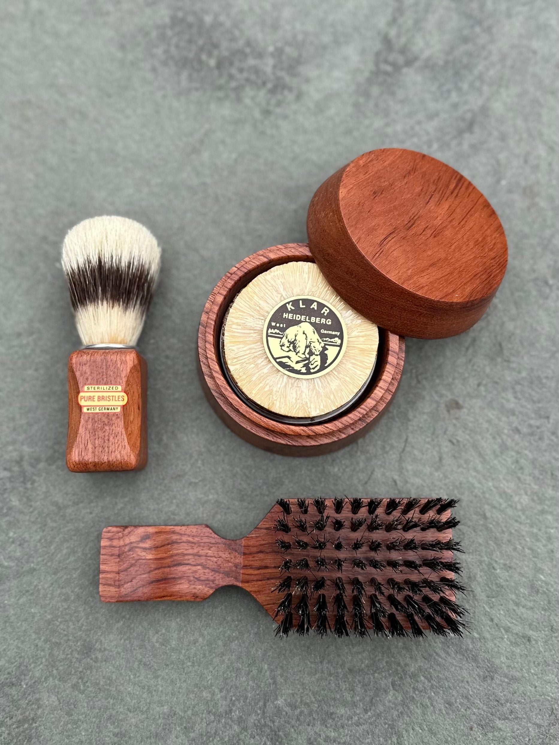 Vintage NEW West Germany Men's Wood Shaving Grooming Set | Boar Bristle Shaving Brush, KLAR Heidelberg Soap, Shaving Bowl, Tobacco Hairbrush
