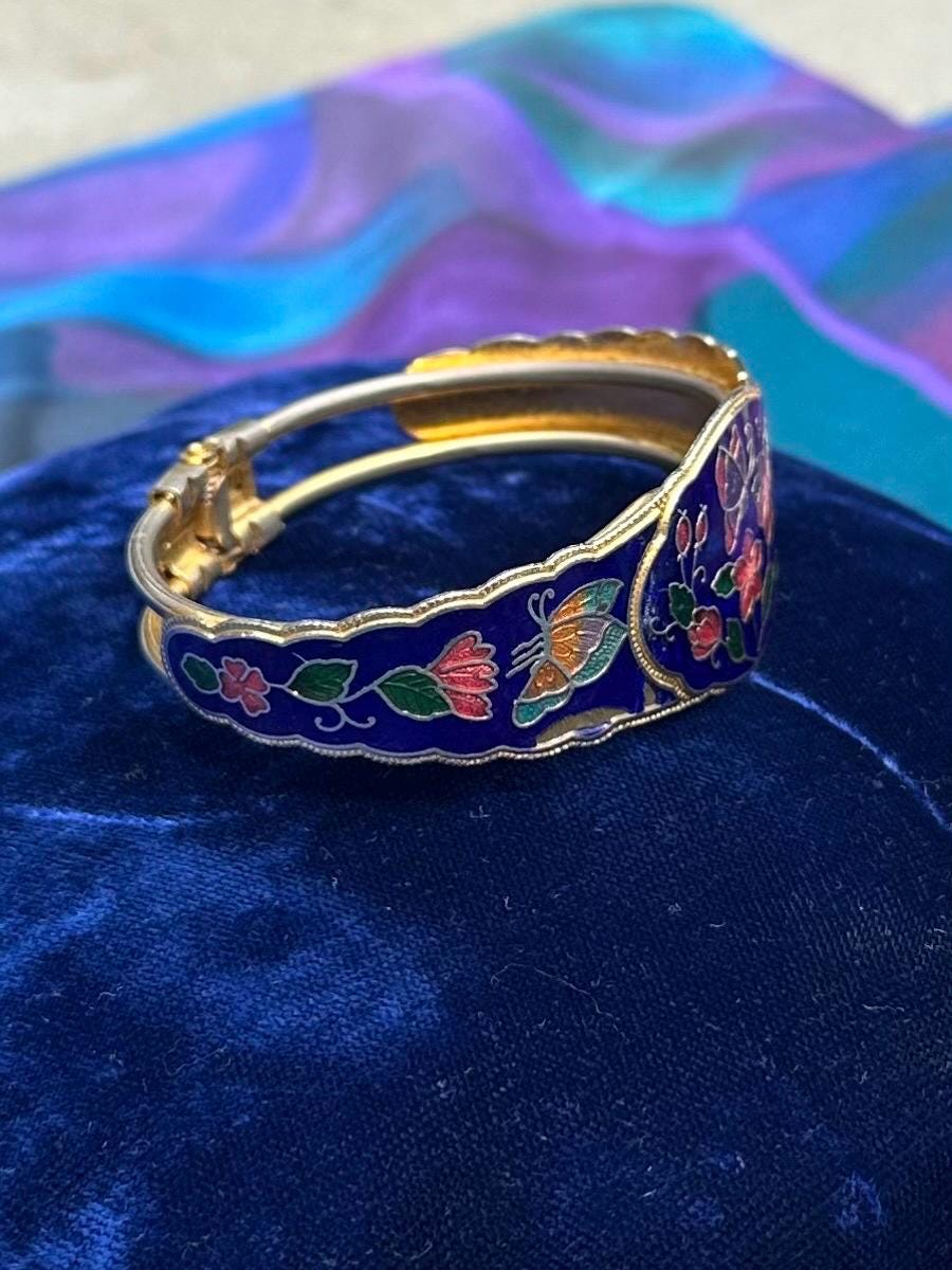 Vintage Cloisonne Enamel Blue Multicolor Butterfly Floral Clamper Bangle Bracelet