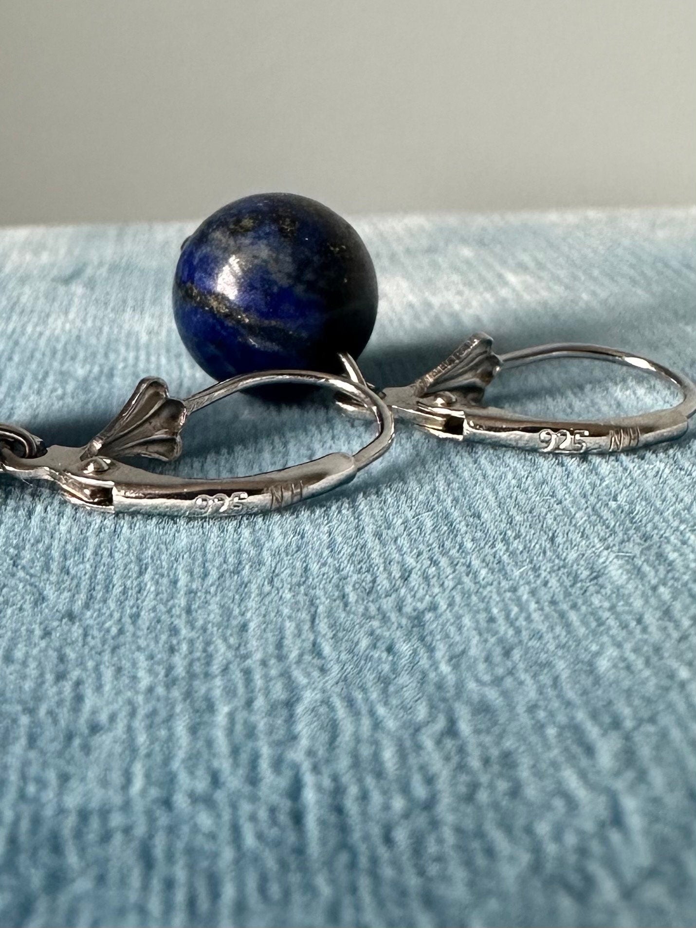 Sterling Silver 925 Blue Lapis Lazuli 10mm Bead Dangle Drop Earrings