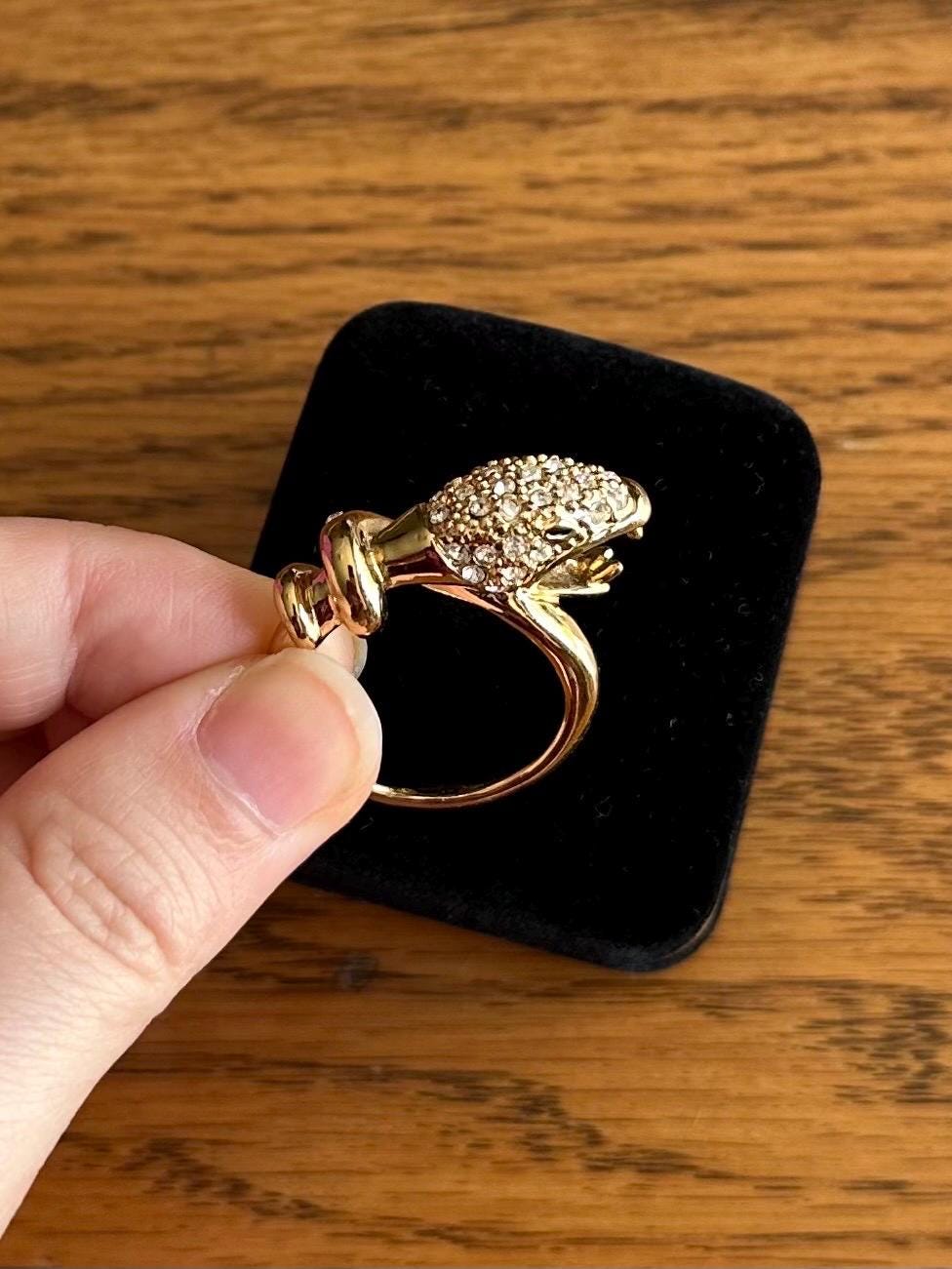 Gold Tone Rhinestone Jewelled Snake Head Serpent Statement Ring US Size 8 1/2