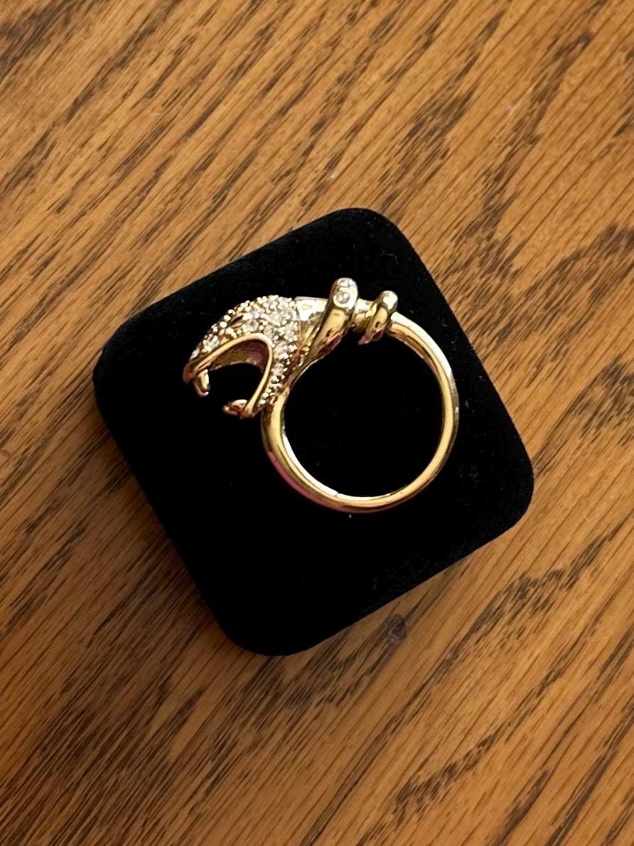 Gold Tone Rhinestone Jewelled Snake Head Serpent Statement Ring US Size 8 1/2