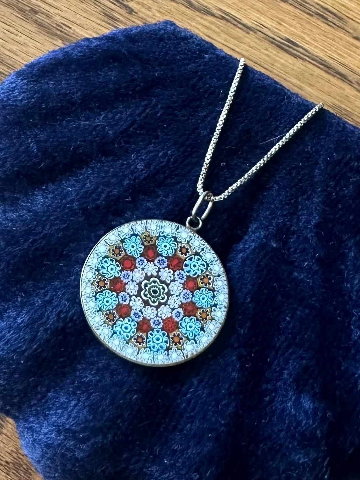 Vintage Italian 800 Silver Handcrafted Murano Millefiori Glass Round Pendant on Sterling Silver Box Chain Necklace