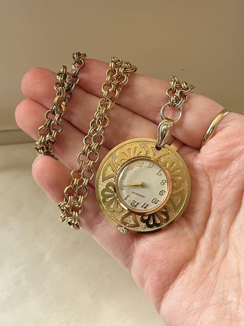 Vintage Midcentury Caravelle by Bulova Gold Plated Swiss Watch Pendant Necklace 24.25" | Needs Battery