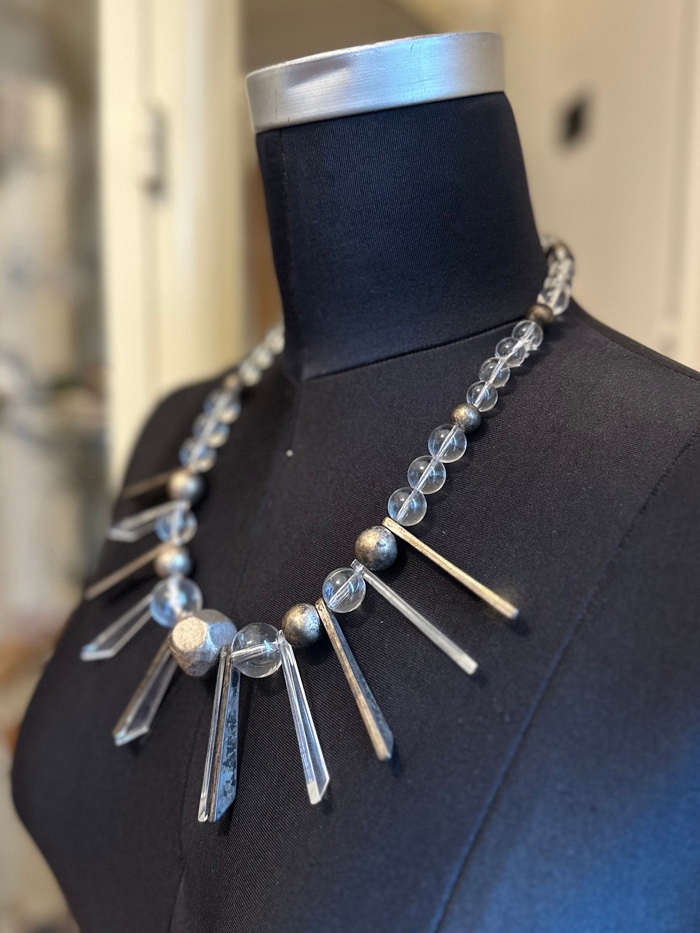Rare Vintage 1950s Geometric Daggers & Clear Lucite Silver Tone Graduated Beaded Collar Necklace | Avant Garde Couture Statement Jewelry