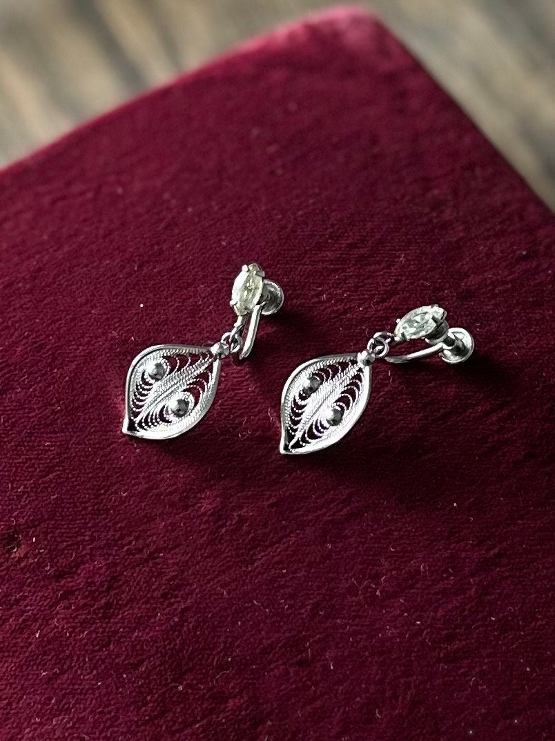 Vintage 1950s Signed ESPO FLEX Sterling Silver Filigree & Marquise Rhinestone Screw-back Earrings