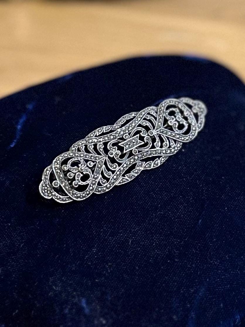 Vintage Art Deco Revival Sterling Silver & Marcasite Ornate Large Oblong Brooch Statement