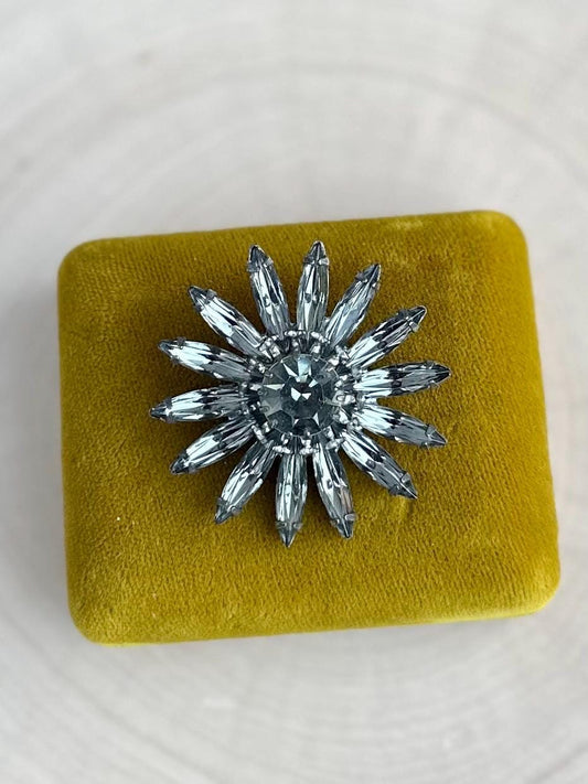 1950s Midcentury Smokey Grey Glass Rhinestone Floral Star Brooch