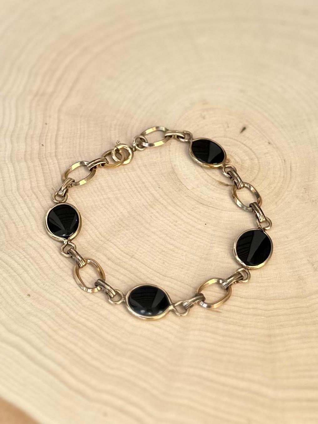 Vintage 1/20 12k GF Gold Filled & Polished Black Onyx Link Bracelet 7.25”