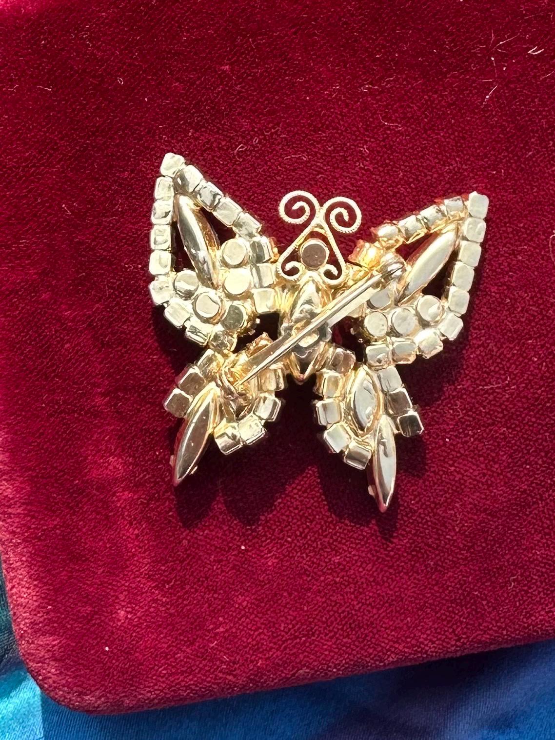 Vintage Midcentury Red, Pink & Aurora Borealis AB Faceted Rhinestone Butterfly Brooch Gold Tone