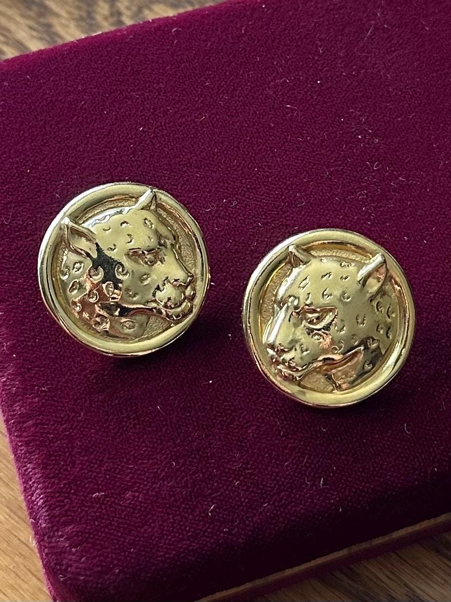 Vintage 1980s 1990s Gold Tone Large Leopard Cheetah Pierced Statement Earrings