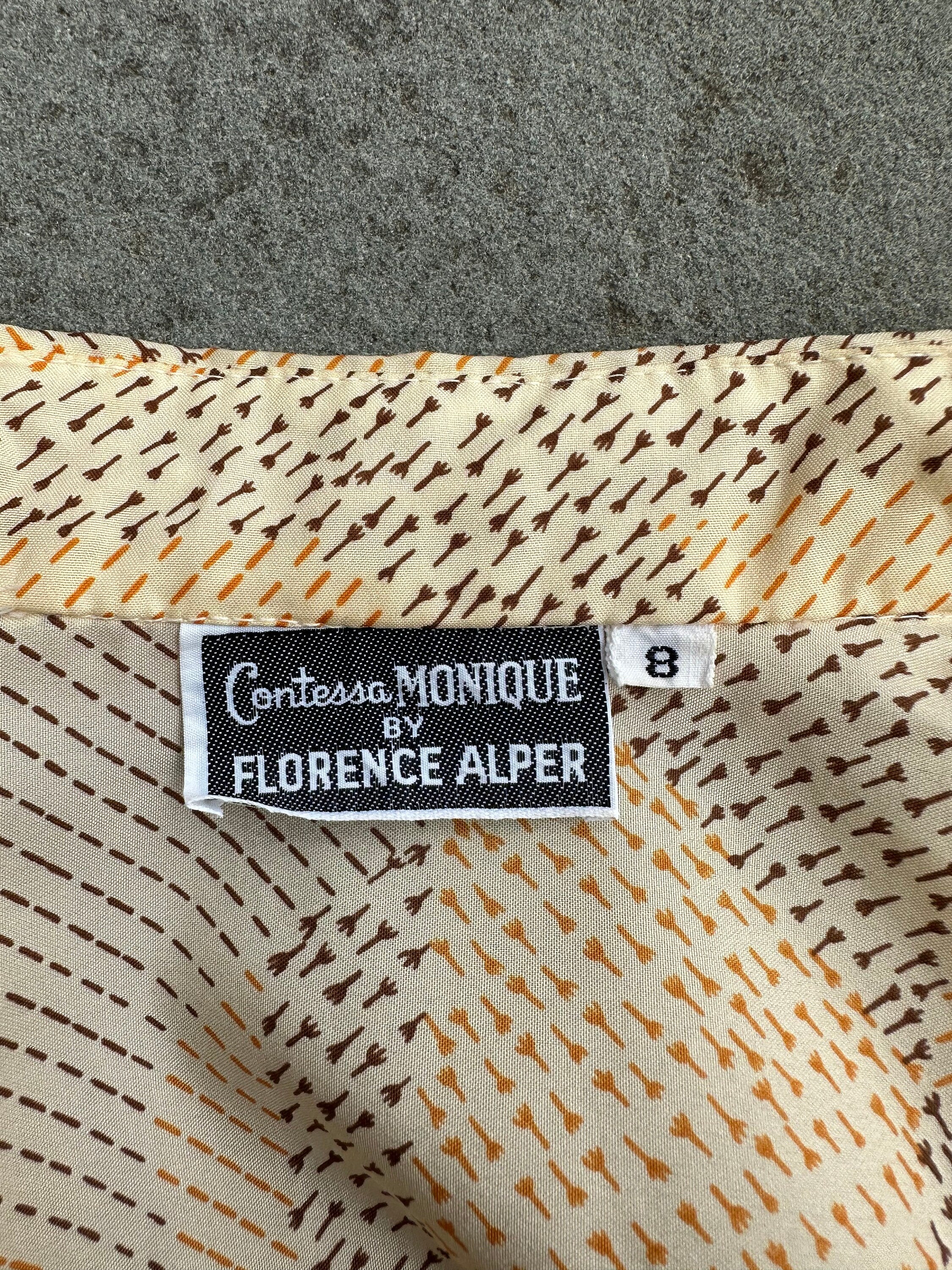 Vintage 1970s Contessa Monique by Florence Alper Women's Patterned Collared Button Down Blouse Long Sleeve Orange and Brown Size 8