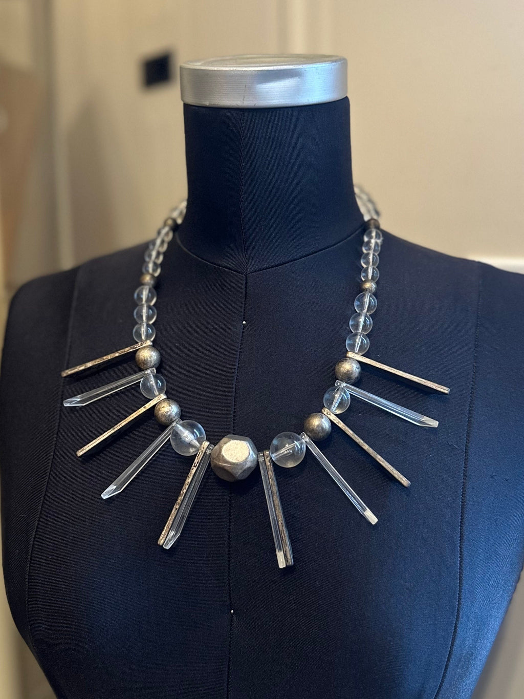 Rare Vintage 1950s Geometric Daggers & Clear Lucite Silver Tone Graduated Beaded Collar Necklace | Avant Garde Couture Statement Jewelry