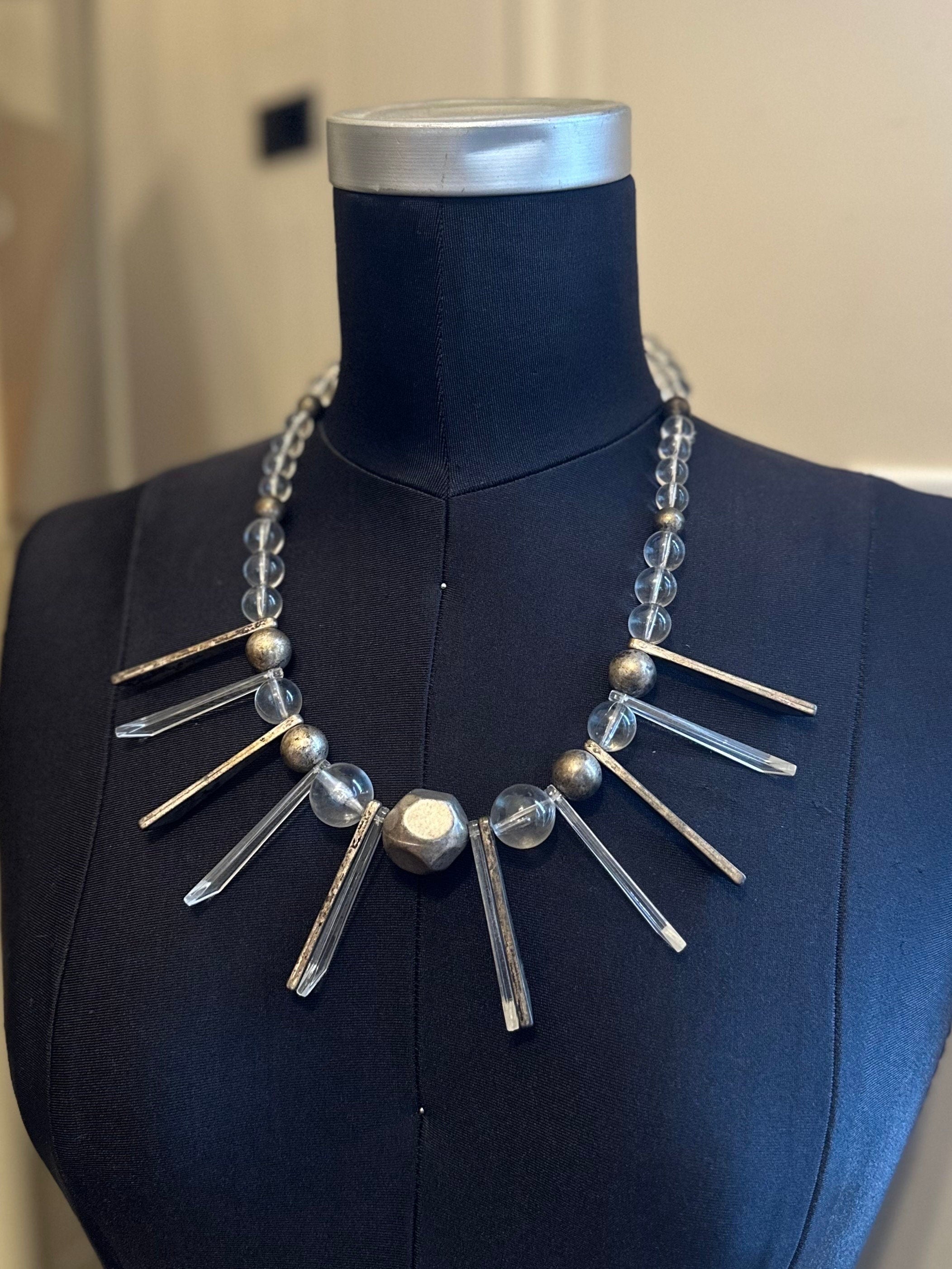 Rare Vintage 1950s Geometric Daggers & Clear Lucite Silver Tone Graduated Beaded Collar Necklace | Avant Garde Couture Statement Jewelry