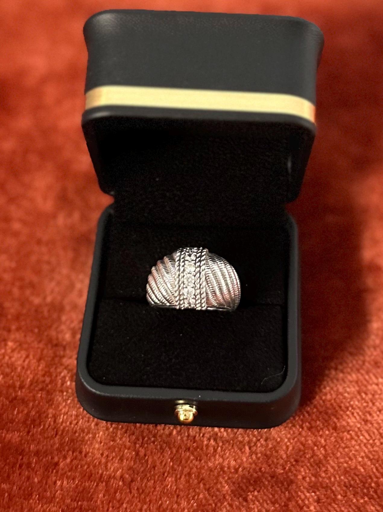JUDITH RIPKA Sterling Silver Domed Swirl Cubic Zirconia Statement Ring Signed US Size 8