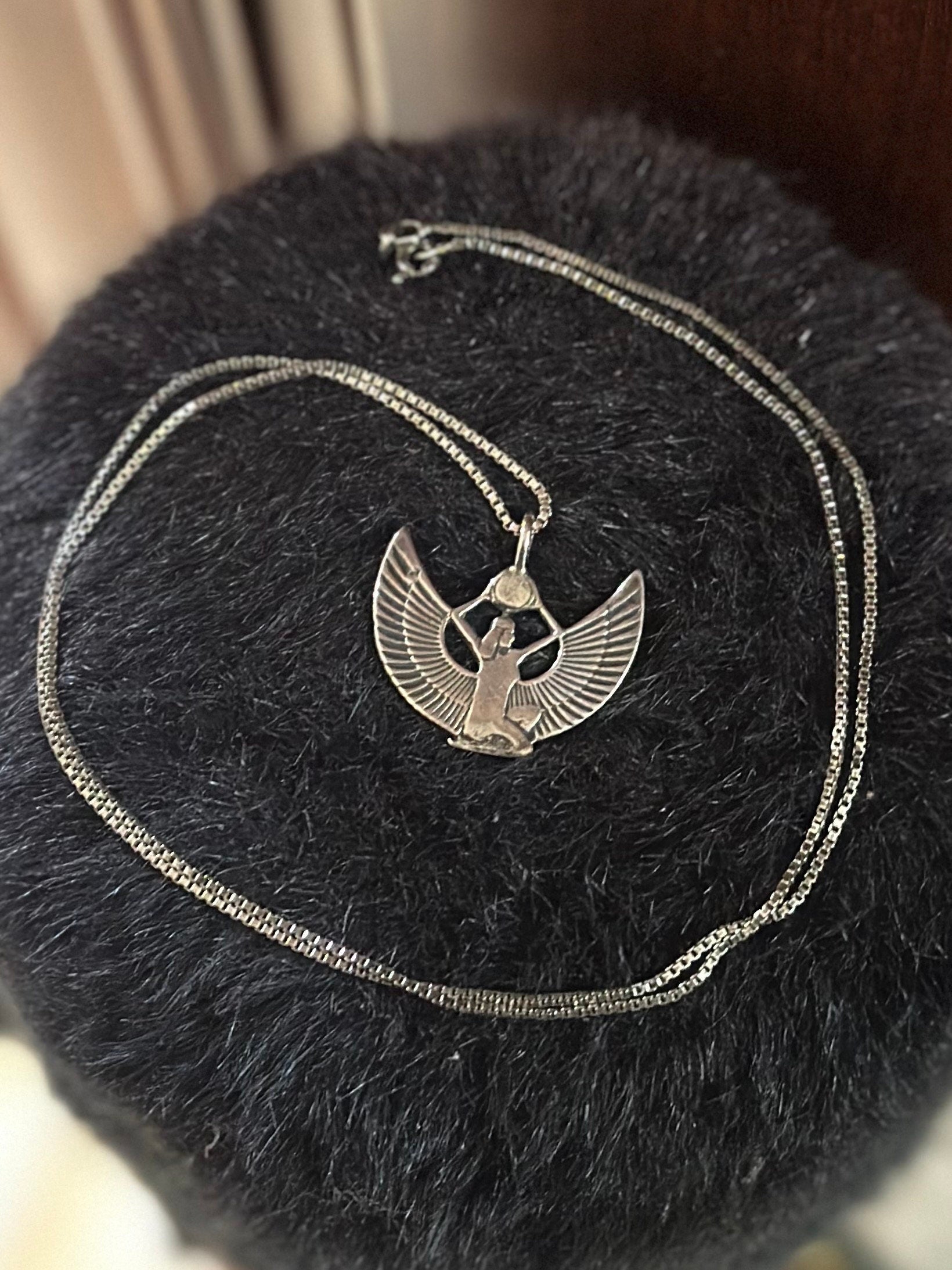 Vintage Sterling Silver Egyptian Revival Isis Goddess Pendant Necklace