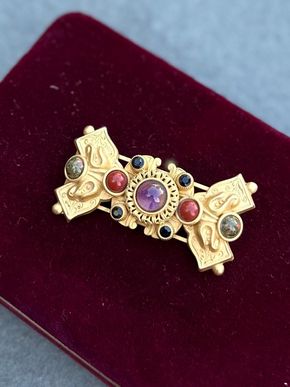 Vintage 1990s Signed NATASHA STAMBOULI Etruscan Revival 18k Gold Plated Amethyst Carnelian Onyx Agate Brooch Pin