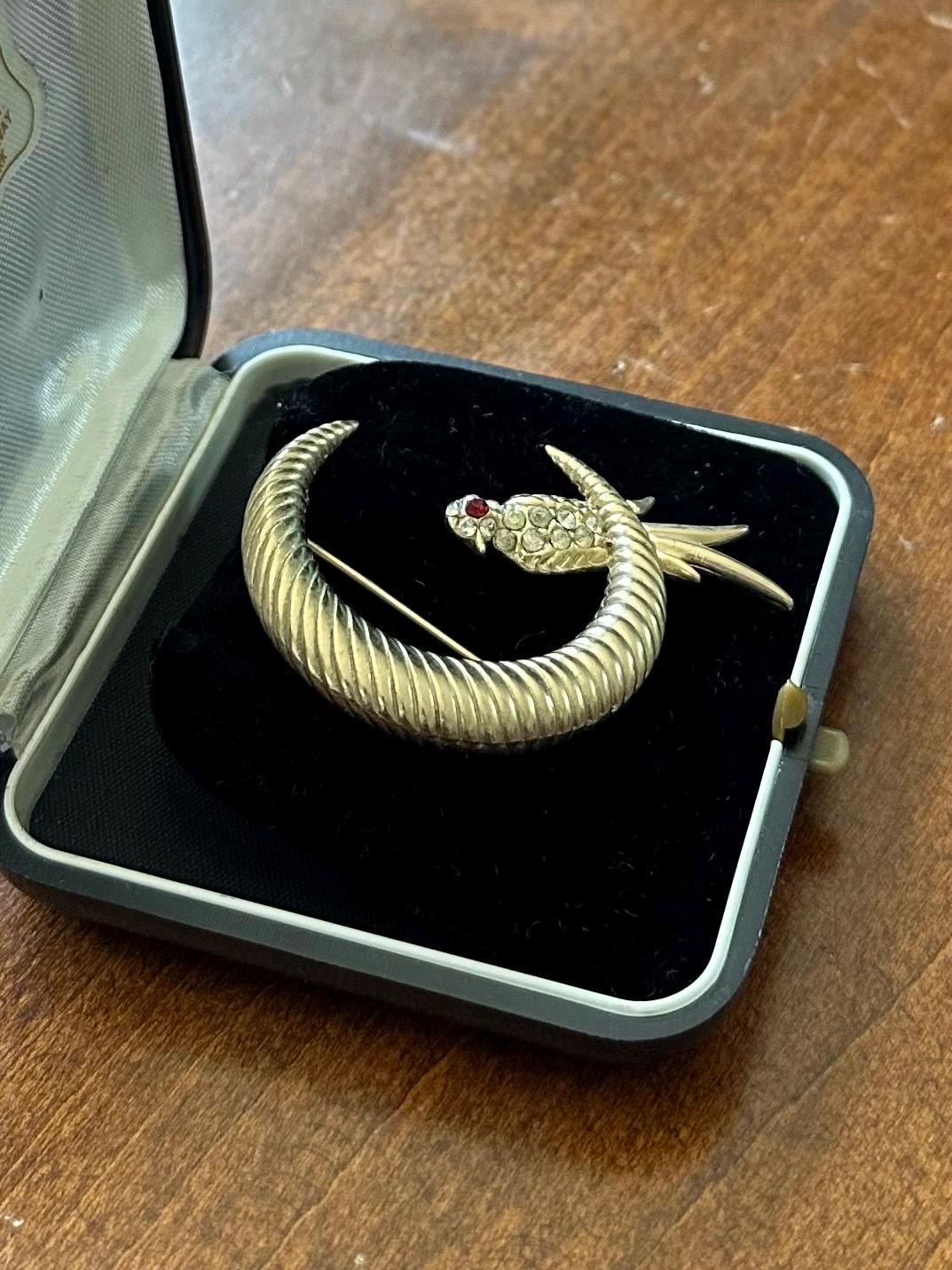 Vintage Unsigned Gold Tone Cresent Moon Clear & Red Rhinestone Jewelled Bird Brooch | Attributed to Joseph Mazer JOMAZ