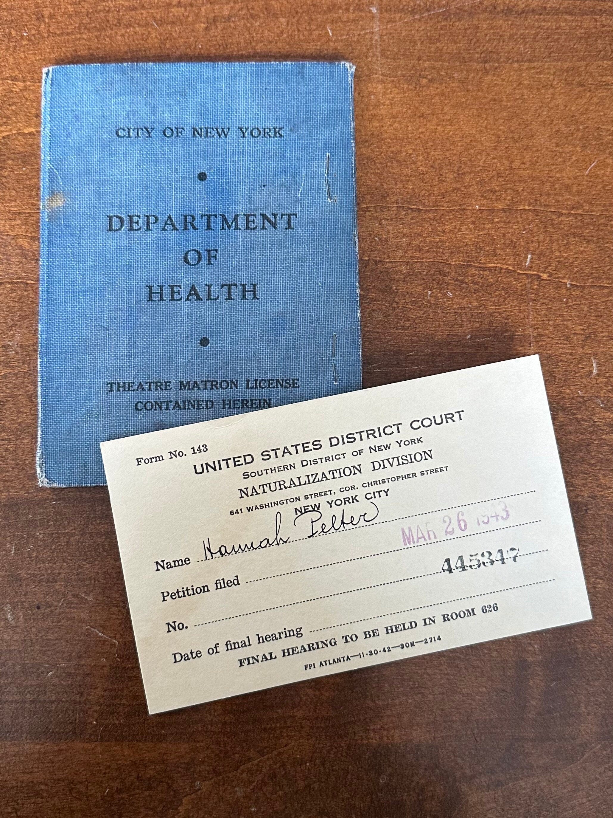 Vintage 1940s Theatre Matron License NYC Dept of Health Issued to Hannah Pelter 1940 New York City