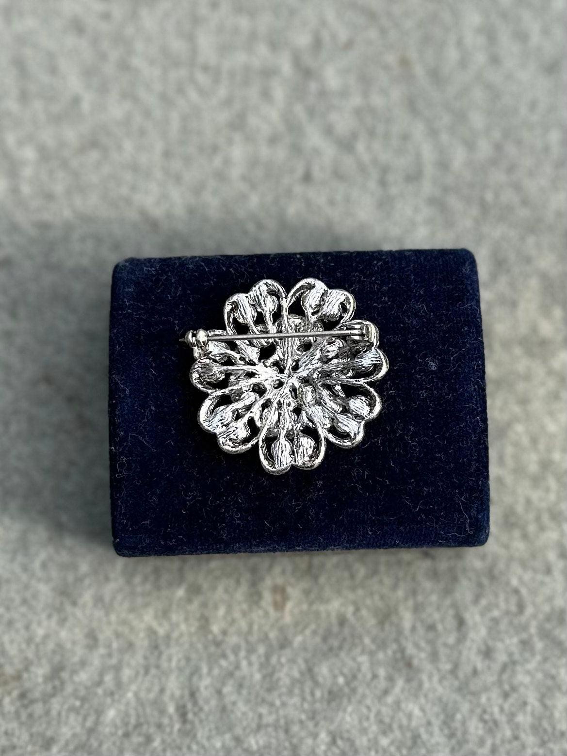 Vintage Floral Brooch Pin Clear Rhinestones Silver Tone 1.5”