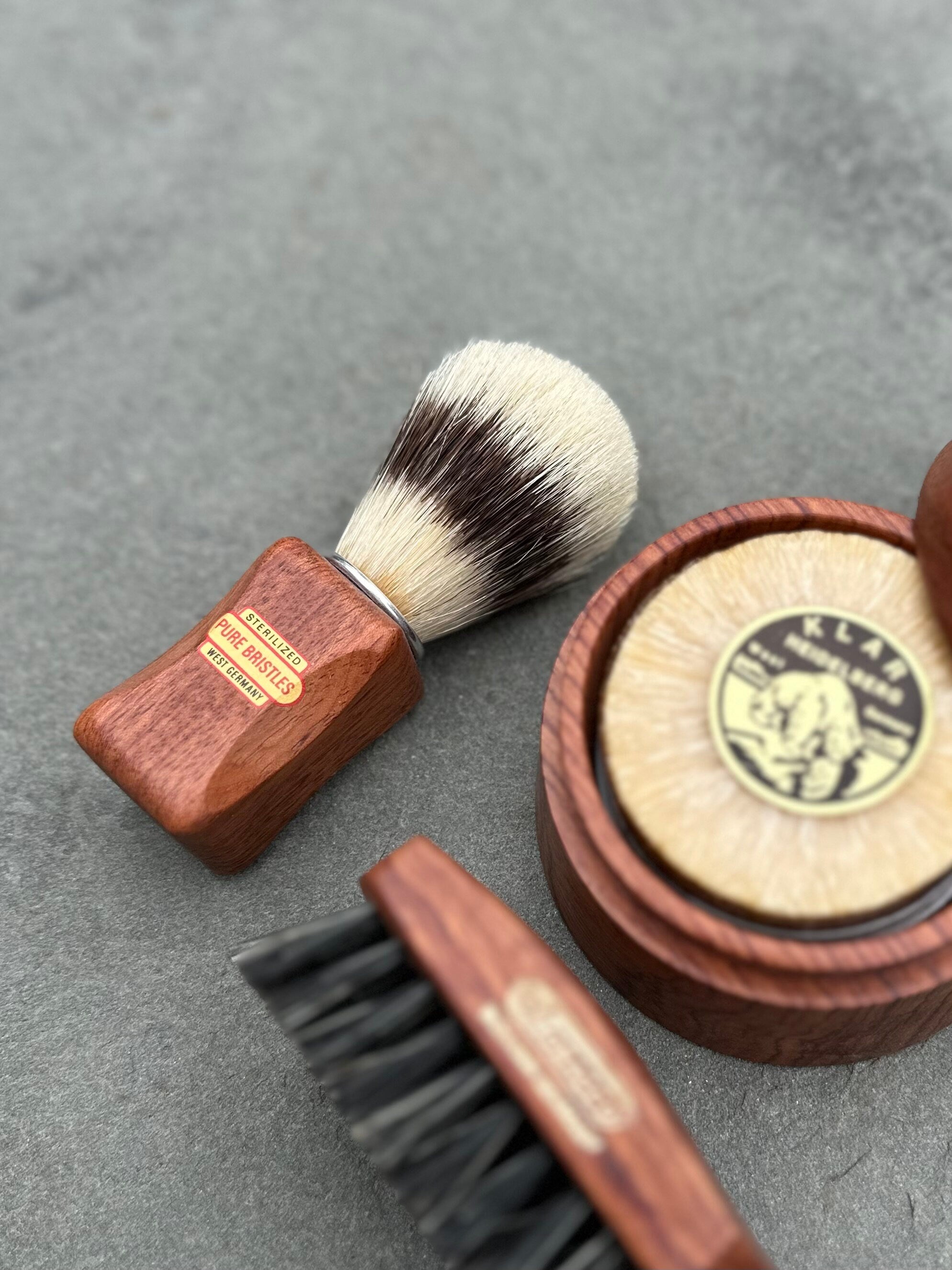 Vintage NEW West Germany Men's Wood Shaving Grooming Set | Boar Bristle Shaving Brush, KLAR Heidelberg Soap, Shaving Bowl, Tobacco Hairbrush
