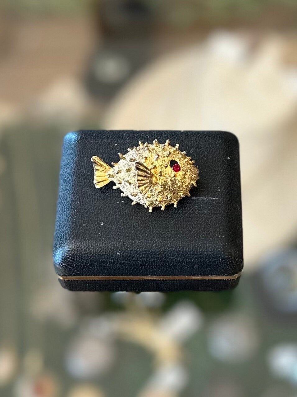 Vintage Signed AC Blowfish Puffer Fish Rhinestone Ruby Eye Sterling Silver & Gold Vermeil Pin Brooch