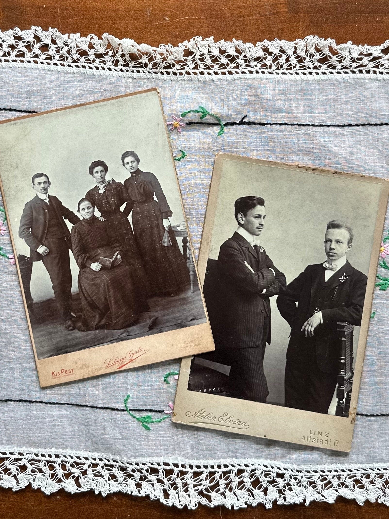 LOT OF 2 Antique Victorian Cabinet Cards of Two Men and Family, German & Hungarian Dated 1905
