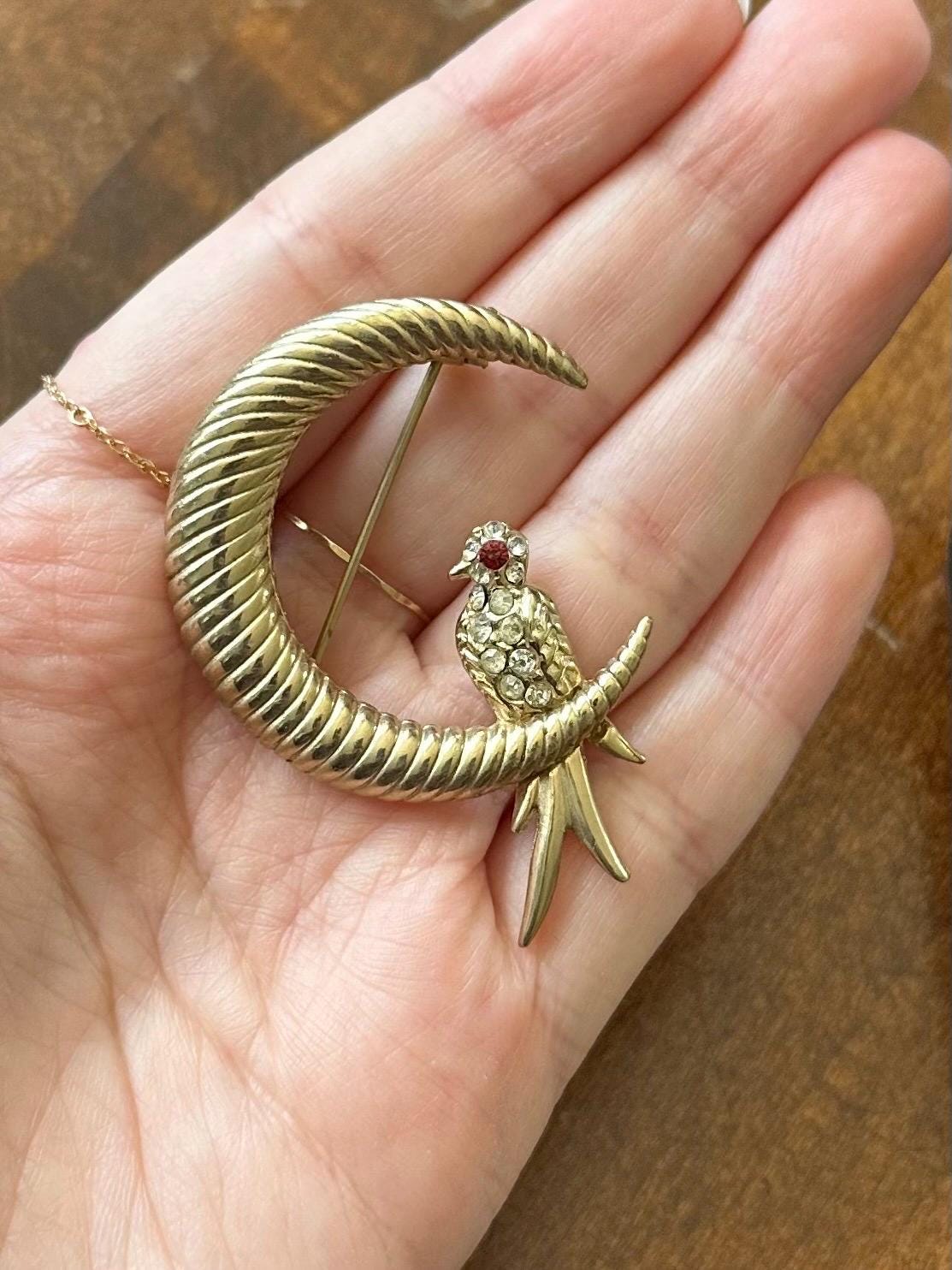 Vintage Unsigned Gold Tone Cresent Moon Clear & Red Rhinestone Jewelled Bird Brooch | Attributed to Joseph Mazer JOMAZ