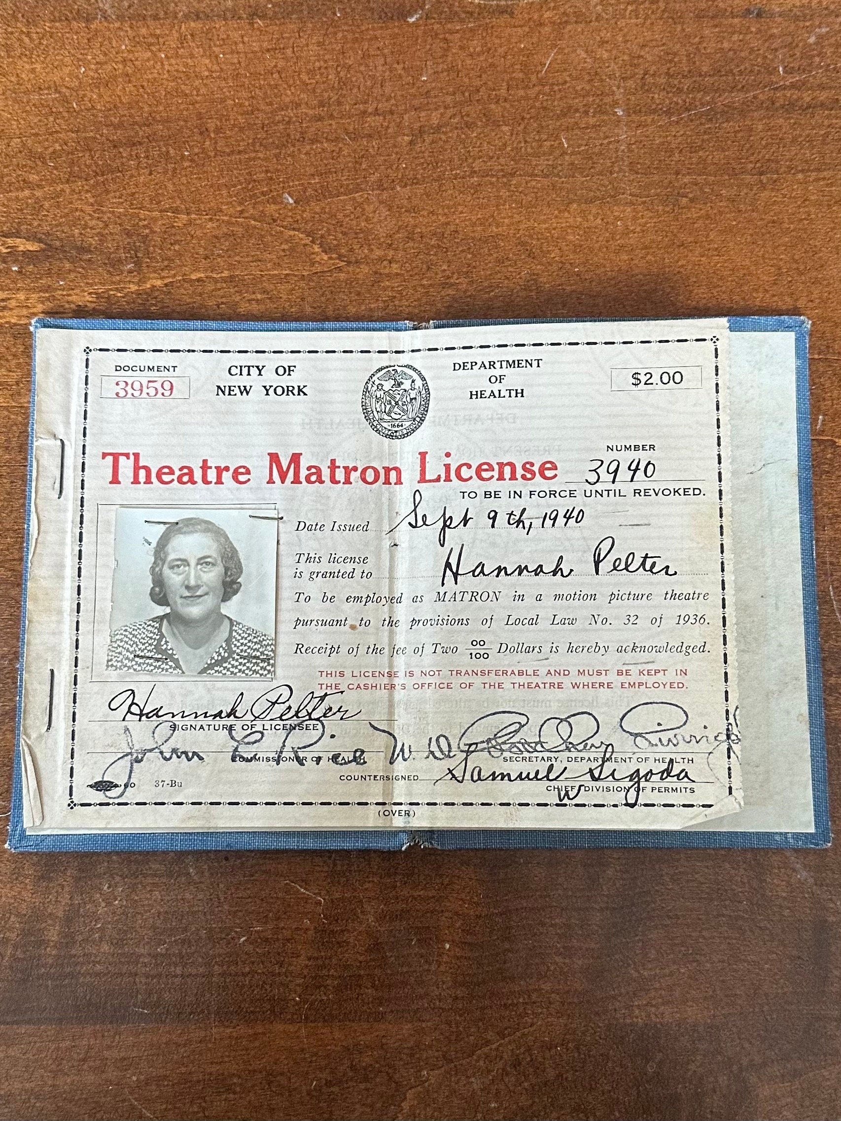 Vintage 1940s Theatre Matron License NYC Dept of Health Issued to Hannah Pelter 1940 New York City