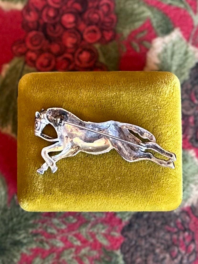 Vintage 1980s 1990s Signed BOMA Sterling Silver & Marcasite Galloping Horse with Reigns Brooch Equestrian
