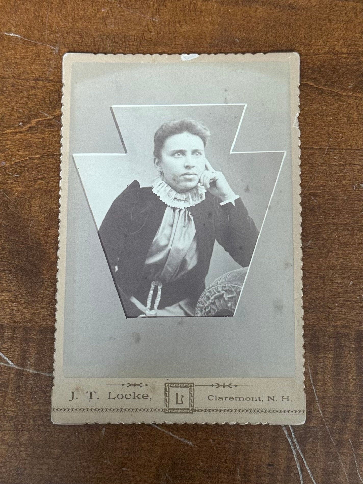 Antique Late 1800s J.T. Locke Claremont New Hampshire Cabinet Card Portrait of Woman Crimped Edges 6.5x4.25
