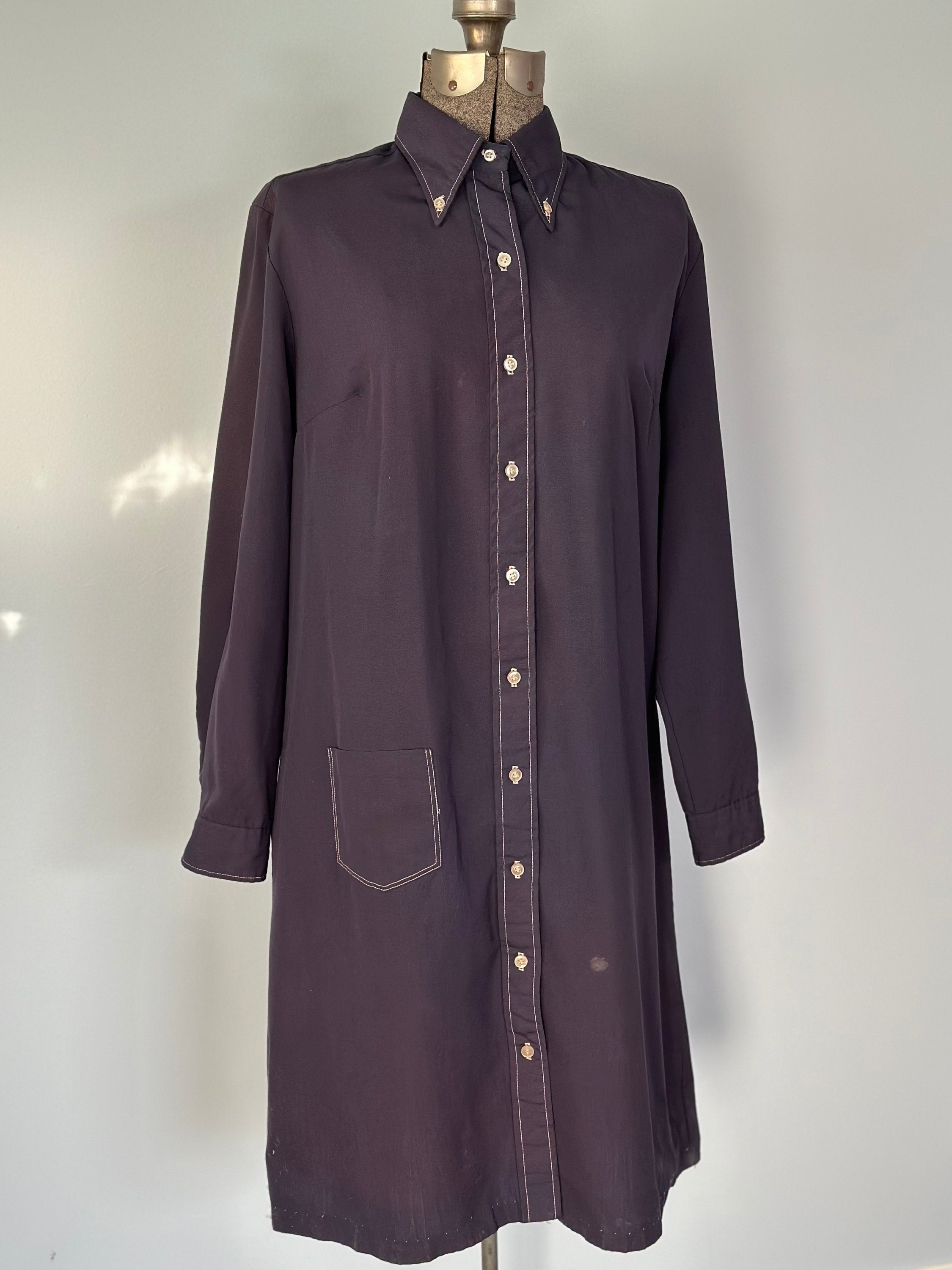 Vintage 1970s Cobbies by Cos Cob Navy Blue Collar Button-Up Women's Long Sleeve Shirt Dress