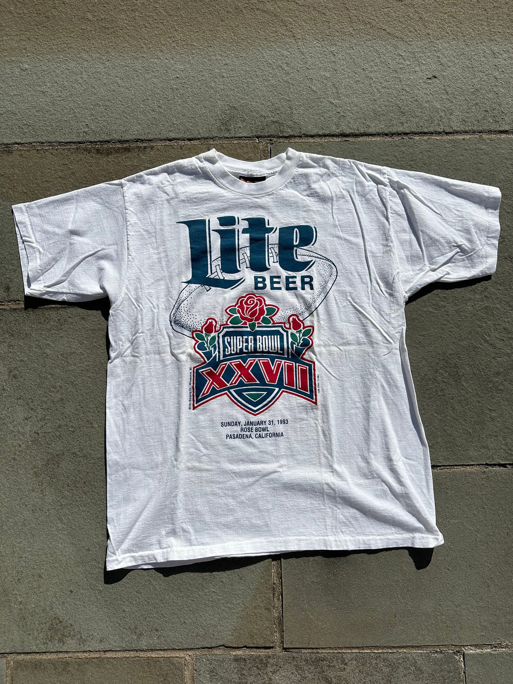 Vintage 1993 Super Bowl XXVII Rose Bowl Miller Lite Single Stitch White T-Shirt Tee Holoubek Brand 100% Cotton