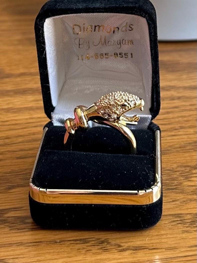 Gold Tone Rhinestone Jewelled Snake Head Serpent Statement Ring US Size 8 1/2