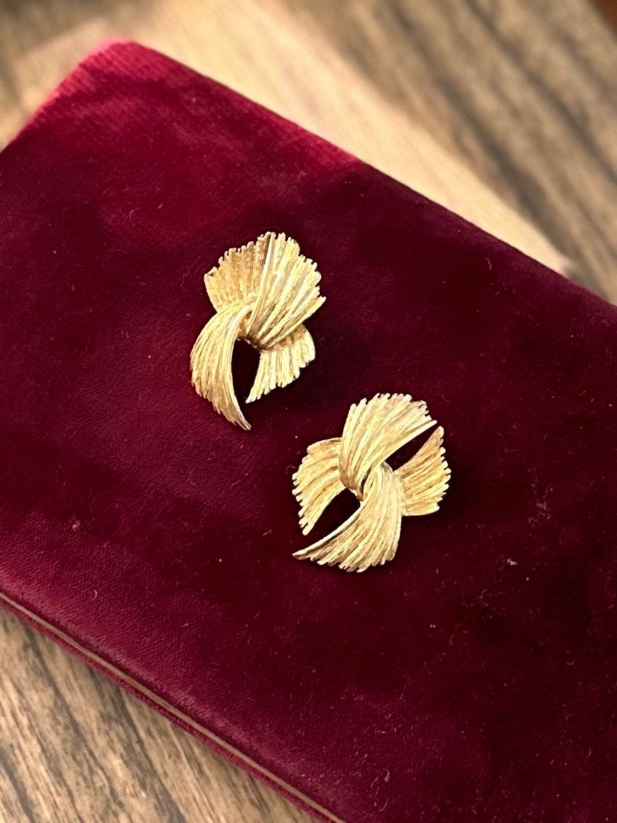 Vintage Modern 1980s 1990s Givenchy Paris New York Signed Gold Tone Textured Abstract Pierced Earrings Statement