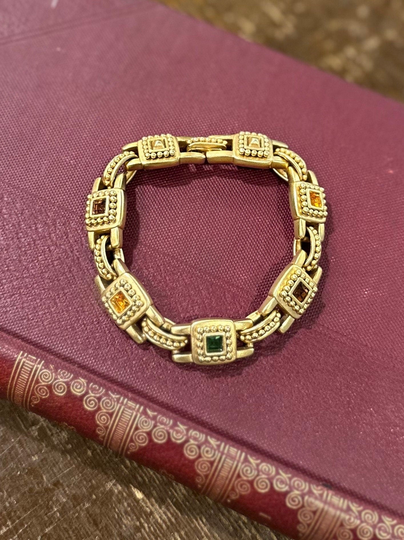 Vintage Oscar de la Renta Signed Byzantine Style Gold Tone Multicolor Faceted Square Rhinestones Link Bracelet 7.75"