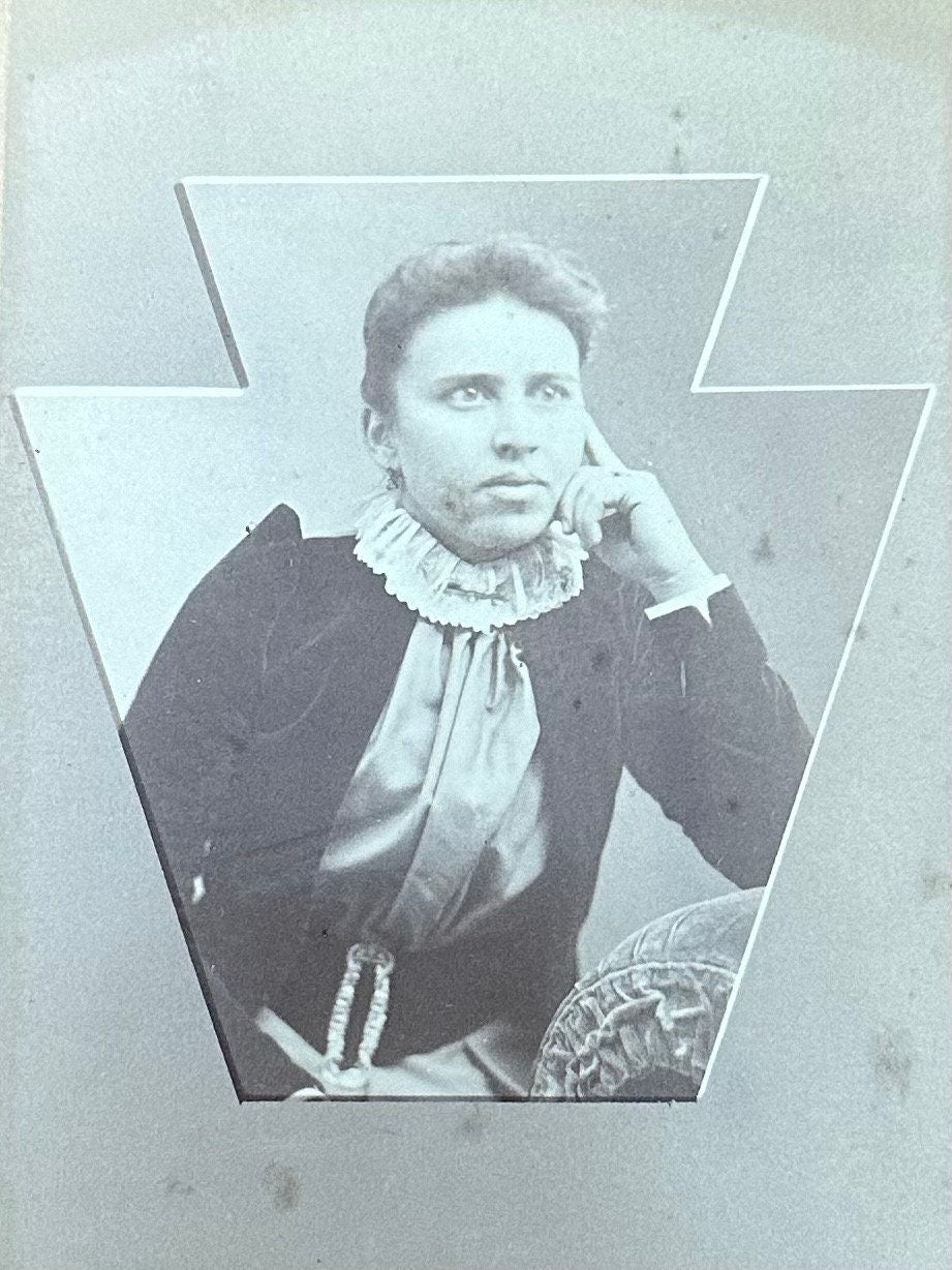 Antique Late 1800s J.T. Locke Claremont New Hampshire Cabinet Card Portrait of Woman Crimped Edges 6.5x4.25
