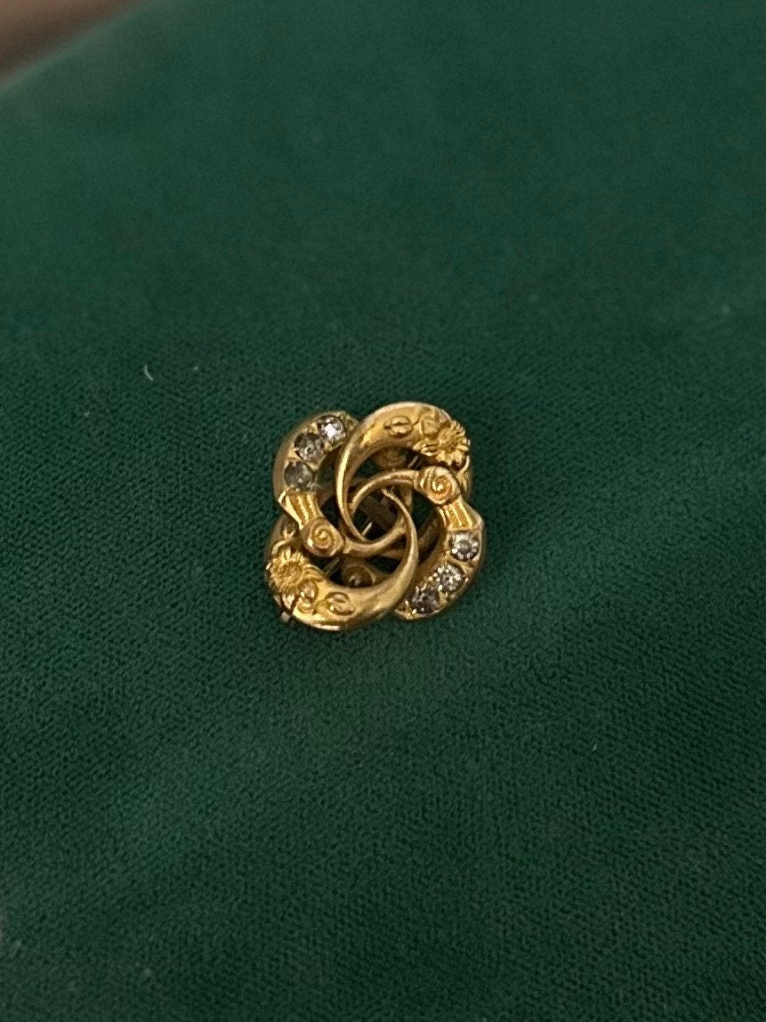Antique Victorian Gold Tone Rhinestone Floral Love Knot Pin