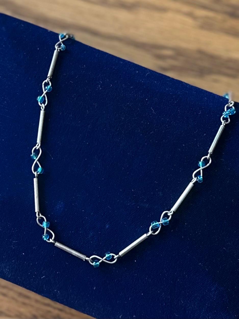 Vintage Sterling Silver Bar Infinity Twist & Turquoise Blue Color Bead Necklace 15.6" Y2K