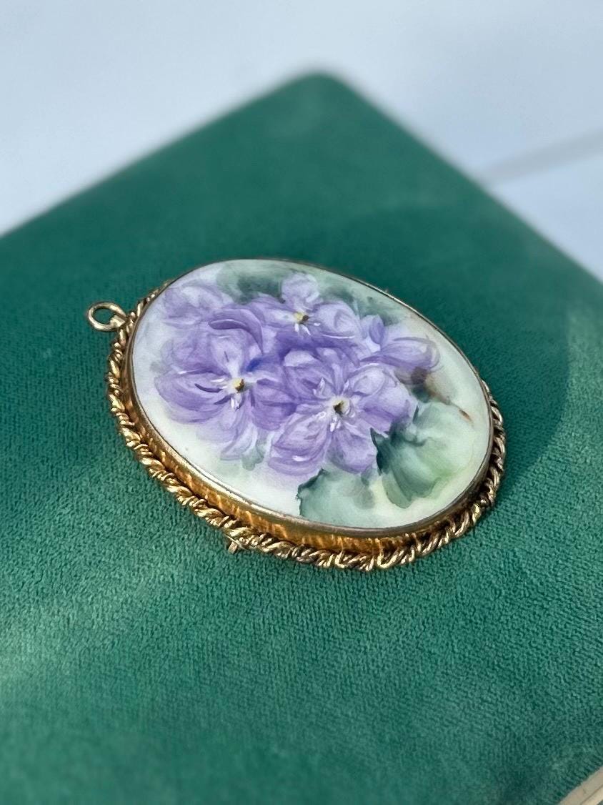 Antique Victorian Handpainted Floral African Violets Porcelain Gold Tone Brooch or Pendant C-Clasp