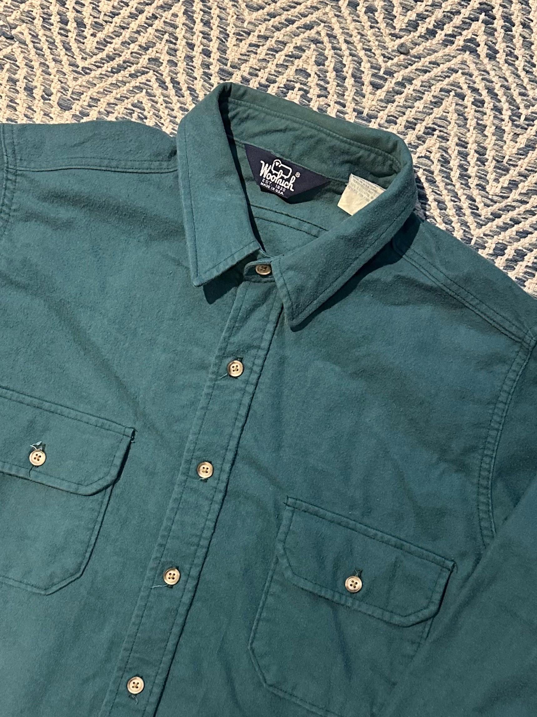 Vintage Circa 1980s WOOLRICH Teal Cotton Flannel Button Long Sleeve Shirt XL Made in USA