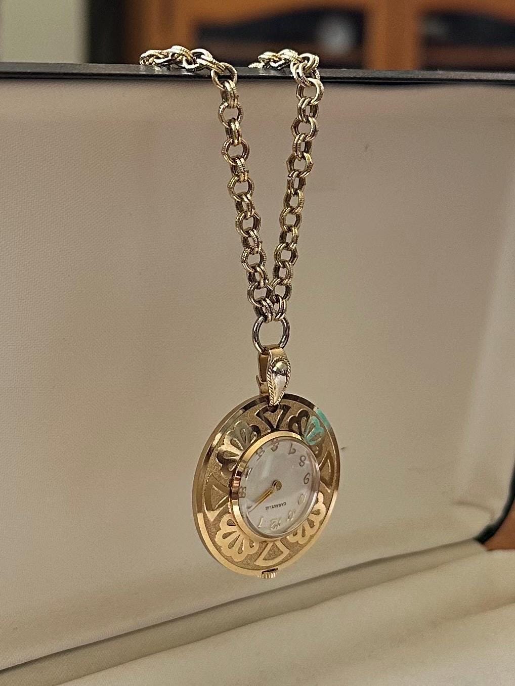 Vintage Midcentury Caravelle by Bulova Gold Plated Swiss Watch Pendant Necklace 24.25" | Needs Battery