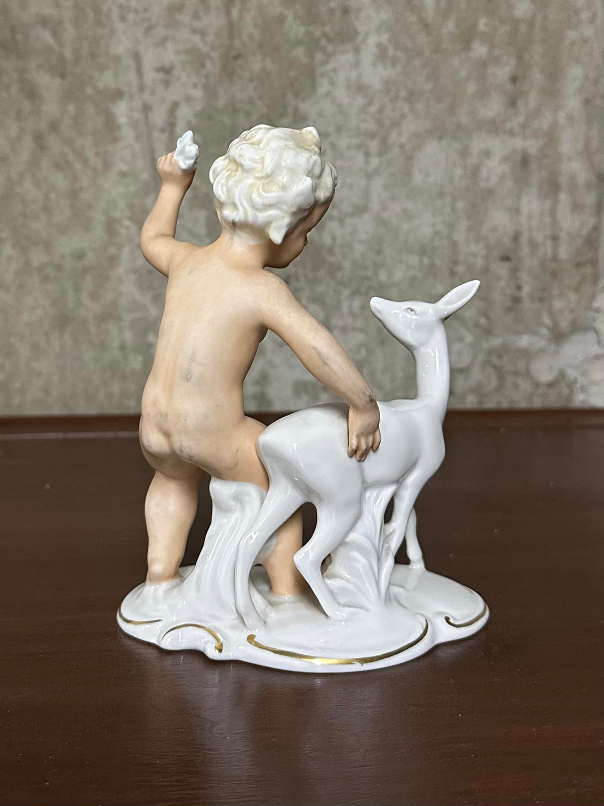 1950s Schau Bach Kunst Germany Porcelain Cherub Boy with Deer Figurine