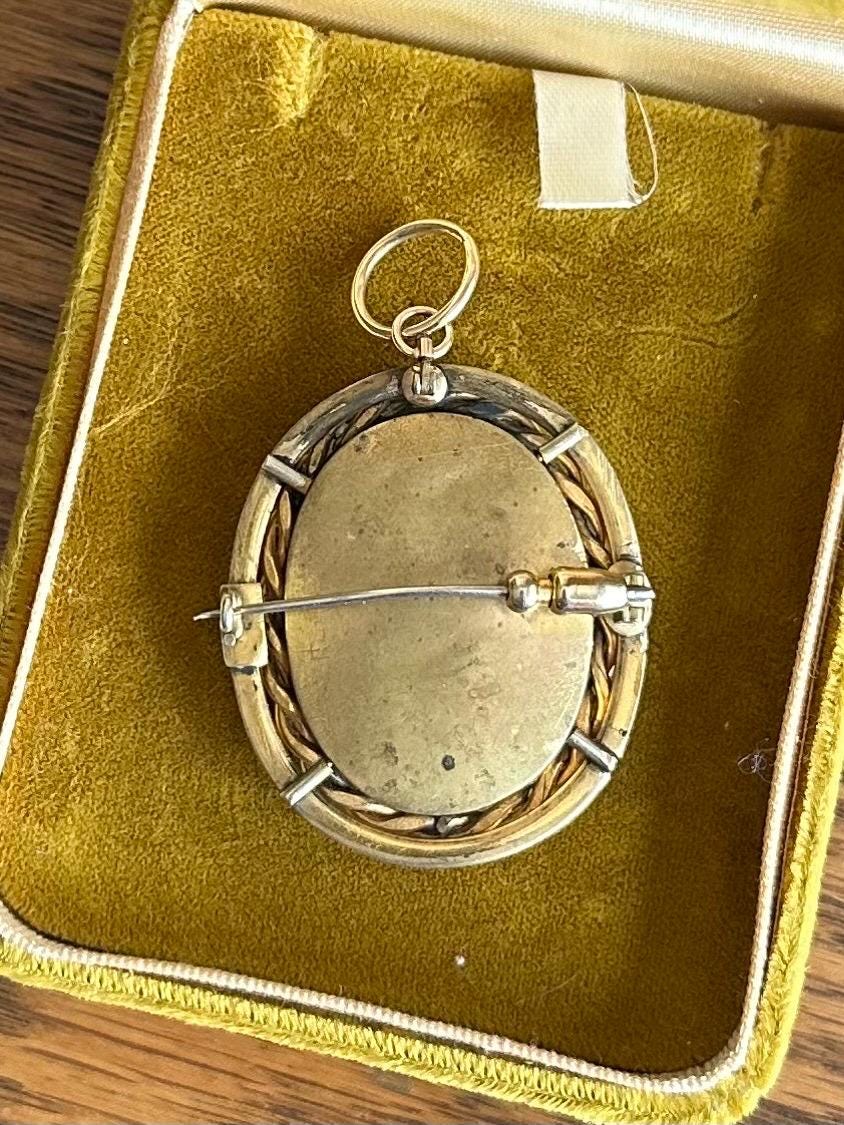 ANTIQUE Victorian Hand Carved Shell Stag Deer Pictorial Landscape Gold Tone Gilt Metal Pinchbeck Brooch or Pendant C-Clasp