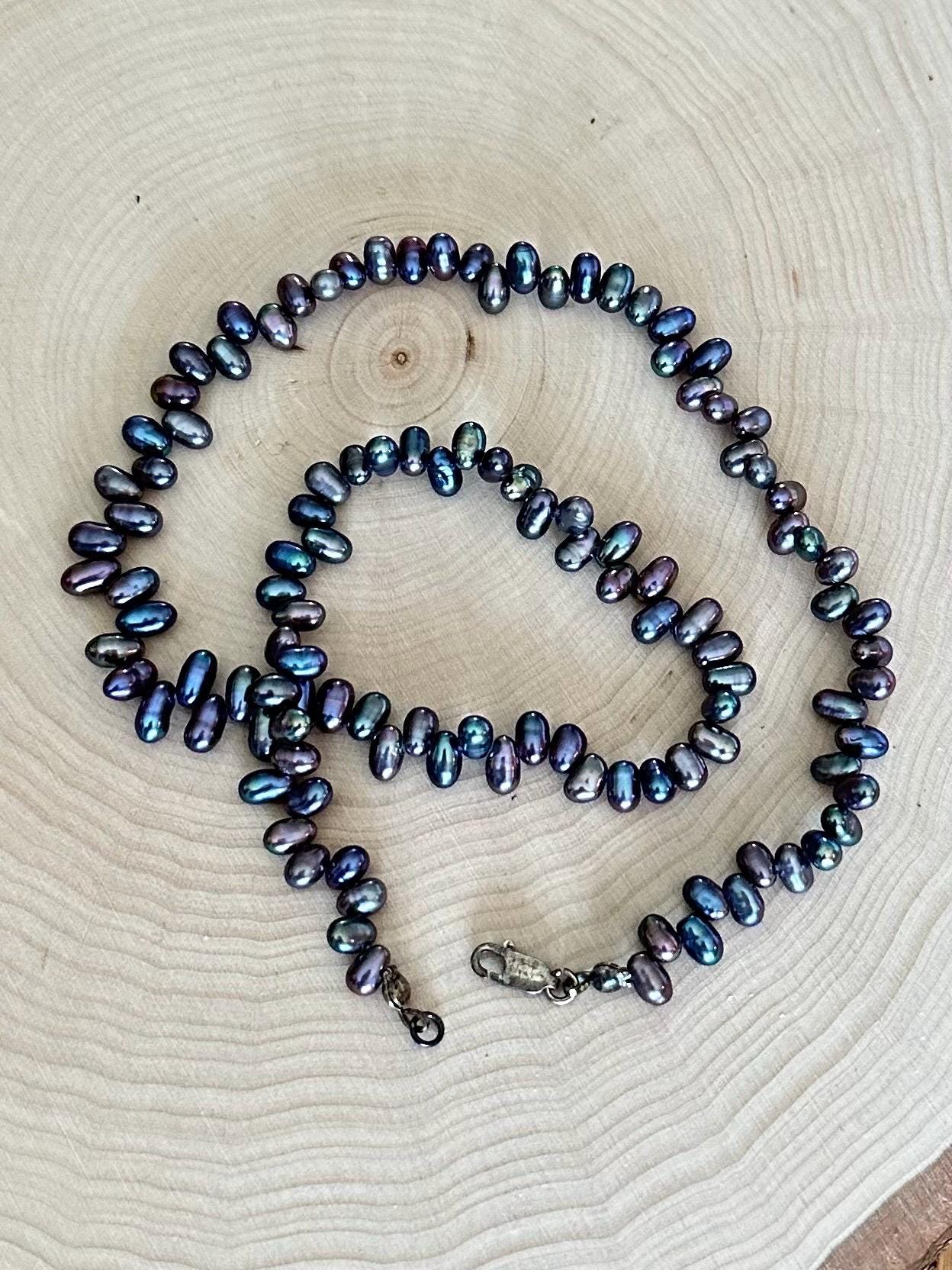 Vintage Genuine Black Freshwater Pearl Beaded Sterling Silver 925 Necklace 16.75”
