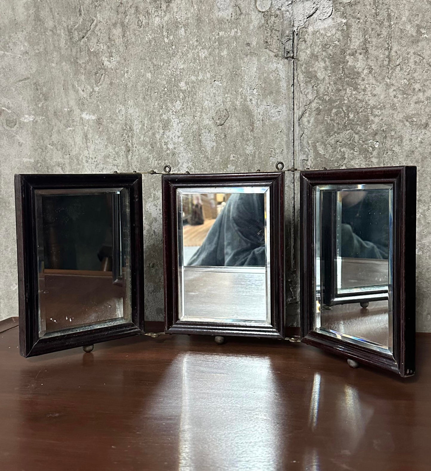 Antique 19th Century Victorian Tabletop Tri-Fold Shaving Mirror Beveled Glass Wood Vanity Mirror