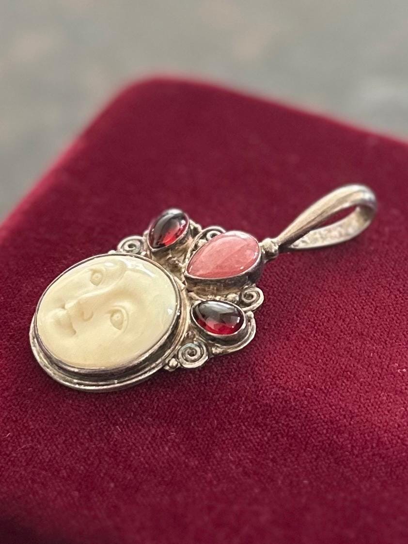 Vintage Signed SAJEN Sterling Silver & Carved Bone Moon Face with Cabochon Gemstones Statement Pendant Balinese