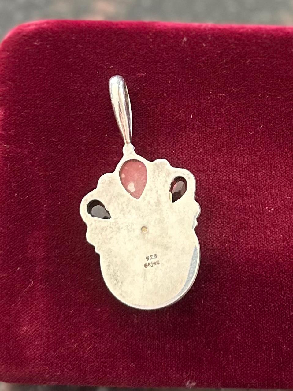 Vintage Signed SAJEN Sterling Silver & Carved Bone Moon Face with Cabochon Gemstones Statement Pendant Balinese